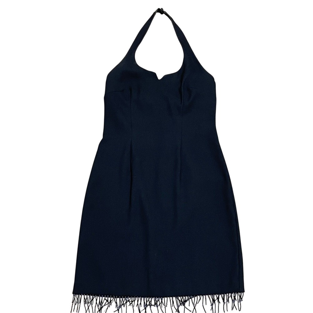 VTG CDC Petites Women's 4 Black Halter Mini Dress‎ Beaded Fringe Hem Whimsigoth